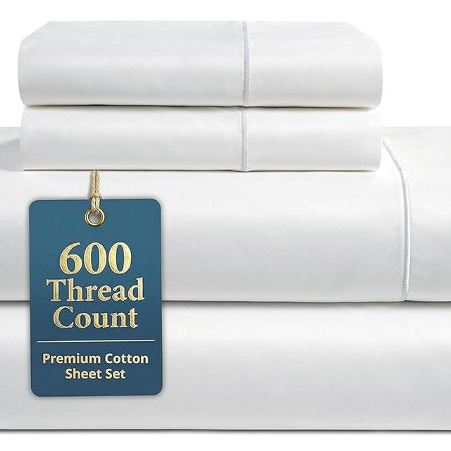 LANE LINEN 100% Cotton Sheets Full Size - 600 Thread Count Sateen Weave - Hotel Quality Softness, Great for Everyday Comfort - Securely Fits Matresses Upto 15'' Deep - Oeko TEX Certified - White