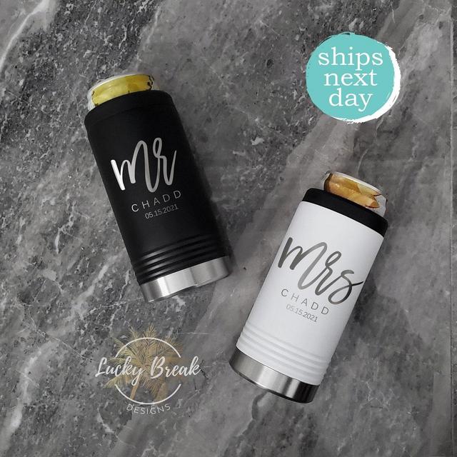 Mr. and Mrs. Slim Can Cooler Personalized Bride Groom Name Anniversary Wedding Gift Set Tumbler Laser Engraved Can Insulator
