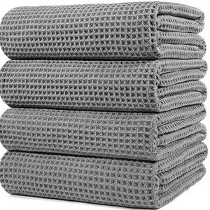 GRAY POLYTE 430 GSM Microfiber Oversize Quick Dry Lint Free Bath Towel, 60 x 30 in, 4 Pack (Waffle Weave)