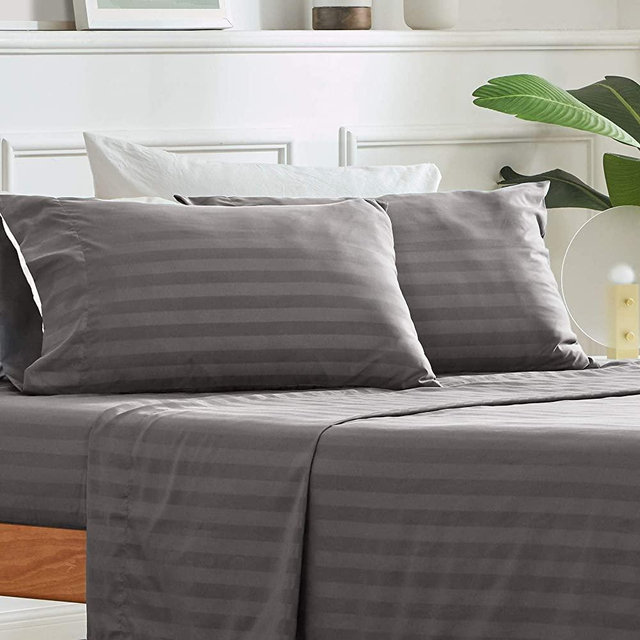 SLEEP ZONE Striped Bed Sheet Sets 120gsm Luxury Microfiber Temperature Regulation Sheets Soft Wrinkle Free Fade Resistant Easy Care (Gull Grey, Queen)