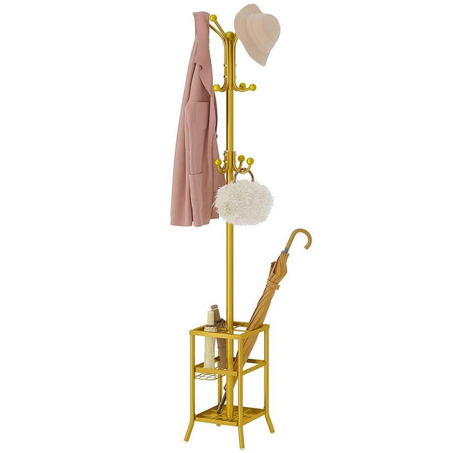 FAVOOSTY Coat Rack Freestanding,Coat Rack Stand with Umbrella Holder,Metal Coat Tree with 12 Hooks,Tree Clothes Hat for Entryway, Hallway, Bedroom, Living Room & Office -Glod