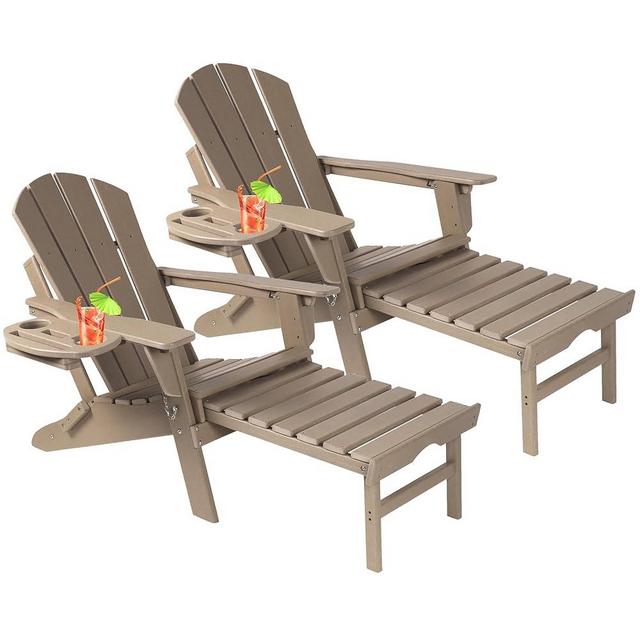 NAVINE Adjustable Backrest Adirondack Chair Set of 2, Folding Adirondack Chairs, Plastic Adirondack Chairs with Ottoman with 4 in 1 Cup Holder Trays for Deck, Terrace, Patio, Poolside. (Brown)