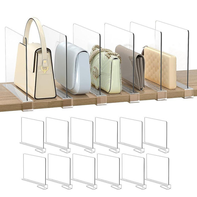 Shelf Dividers Purse Organizer for Closet: 12-Pack Acrylic Bag Storage Organizer for Handbags, Clutches, Clothes, Sweater, Towel
