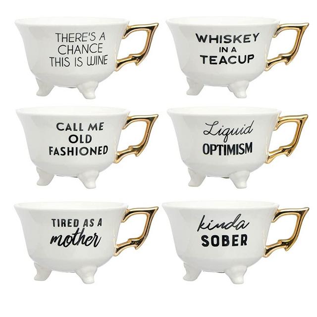 Creative Co-Op Stoneware Footed Teacup with Gold Electroplating, Set of 6 Styles Mug, 4.25 Inch, White