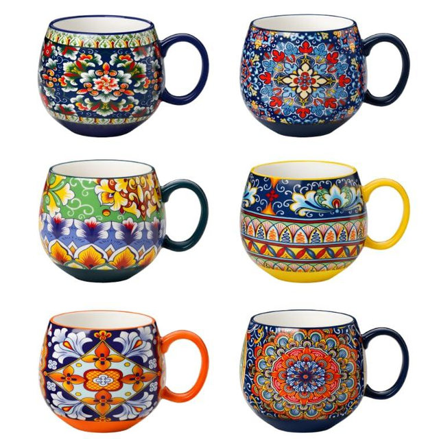 vancasso Coffee Mugs Set of 6, Coffee Cups Ceramic 16oz, Porcelain Coffee Mugs for Cappuccino, Latte, Espresso, Colorful Coffee Mugs with Handle, Rounded Boho Mugs, Microwave & Dishwasher Safe