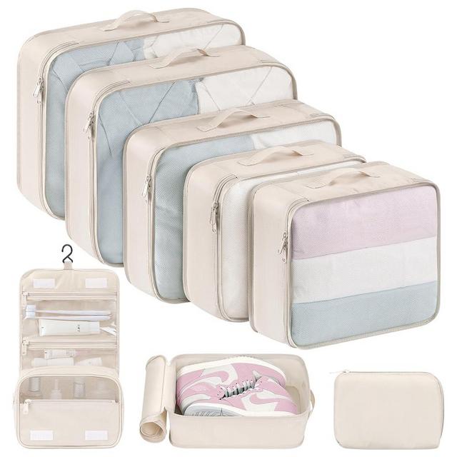 DIMJ 8 Set, Travel Luggage Organizer Packing Cubes Suitcase Organizer Bags Set Foldable Luggage Cubes for Suitcases. (Cream)