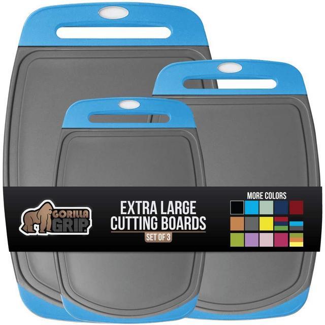 Gorilla Grip Oversized Cutting Board, 3 Piece, Easy Grip Handle, Juice Grooves, Non-Slip, Extra Large Thick Chopping Boards, Dishwasher Safe, Non Porous, Kitchen, Professional, Set of 3, Aqua Gray