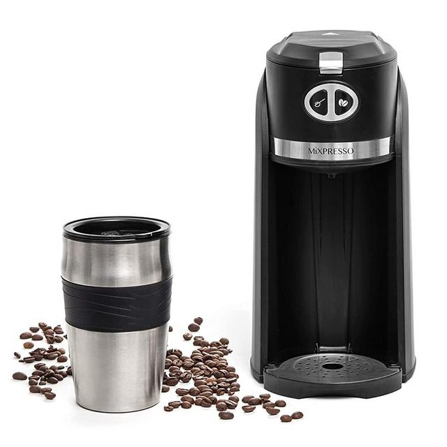Mixpresso 2 in 1 Grind & Brew Automatic Personal Coffee Maker, Automatic Single Serve Coffee Maker with Grinder Built-In and 14oz Travel Mug, Auto Shut Off Function & Reusable Eco-Friendly Filter.