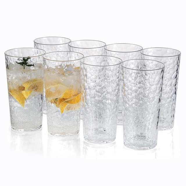 ZAINCA 24-ounce Plastic Tumblers, Acrylic Drinking Glasses High-Balls, set of 8 Clear, Reusable Plastic Cups, Hammered Style Stackable, BPA-Free, Shatter-Proof, Dishwasher-Safe