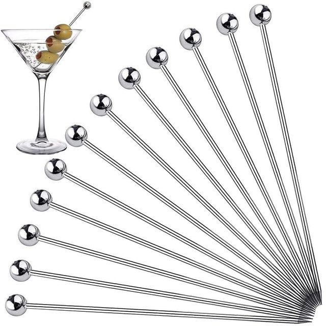 Metal Cocktail Picks for Drinks Stainless Steel，4 Inches Martini Olive Skewers，Fancy Bar Toothpicks Drink Garnish Bloody Mary Skewers Appetizer Fruit,12PCS Silver