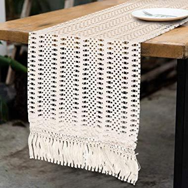 OurWarm Natural Macrame Table Runner Cotton Crochet Lace Boho Wedding Table Runner with Tassels for Bohemian Rustic Wedding Bridal Shower Home Dining Table Decor, 12 x 108 Inch