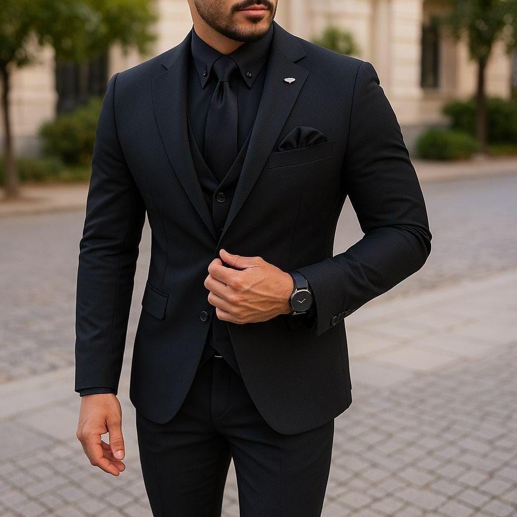 Suits/Tuxes: All black! Jacket, long sleeve shirt, tie or bowtie, pants, belt, shoes, and socks. Classic, sleek, and stylish!