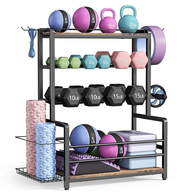 Gym Home Equipment Weight Rack – 3‑Tier Workout Storage Stand for Dumbbells & Kettlebells, Medicine Ball Holder, 460 lb Steel Organizer with Yoga Mat Basket, Hooks, Adjustable Feet, 24 x 16 in