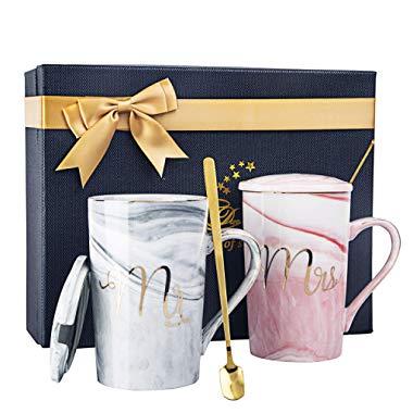 Mr and Mrs Coffee Mugs - Wedding Gift for Bride and Groom-Bridal Shower Engagement Gift and Married Couples Anniversary Gift - Ceramic Marble Cups 14 oz with Gift Card & Decorative ribbon bow-knot.