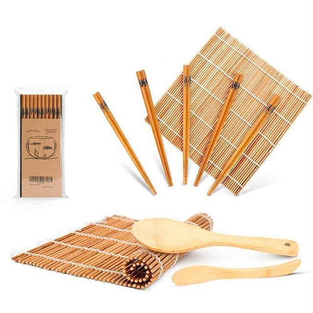 Sushi Making Kit, Delamu Bamboo Sushi Mat, Including 2 Sushi Rolling Mats, 5 Pairs of Chopsticks, 1 Paddle, 1 Spreader, 1 Beginner Guide PDF, Roll On, Beginner Sushi Kit