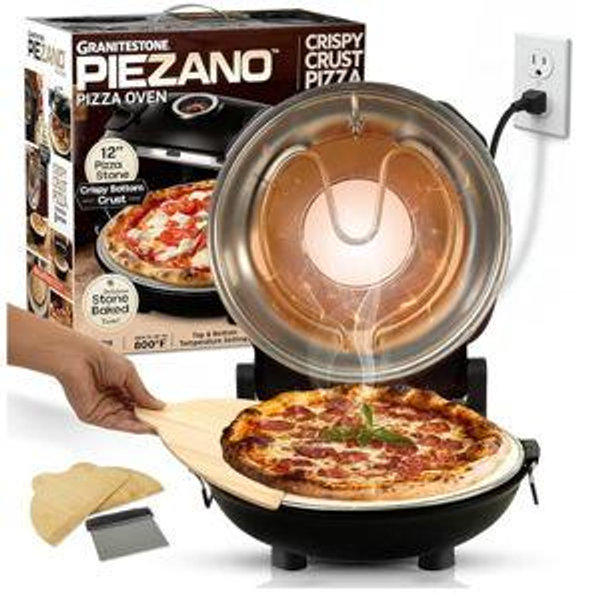 PIEZANO 12 Inch Electric Indoor Pizza Oven Heats up to 800˚F - Pizza Maker with Ceramic Stone for Crispy Crust Pizza, Cooks in Under 6 Minutes, Countertop, Dual Heat Control, Peels & Scraper Included