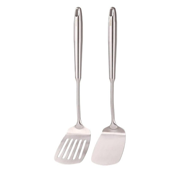 18/10 Stainless Steel Spatulas Set - All Metal Spatulas for Kitchen Use or Outdoor Grilling, 14.7″ Long, Non Toxic, Heavy Duty, Commercial, Chef Grade - 1 Slotted Spatula + 1 Solid Turner for Cooking