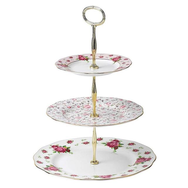 Royal Albert New Country Roses 3-Tier Cake Stand, Mostly White with Multicolored Floral Print