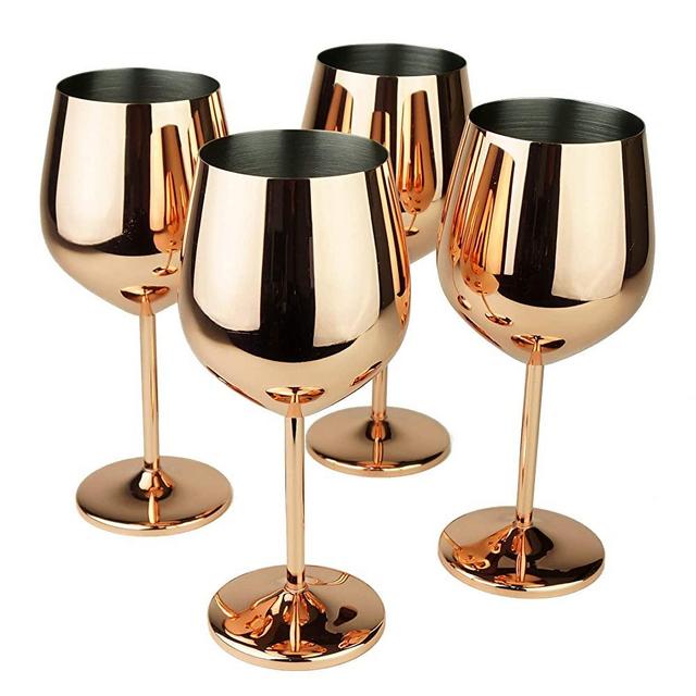 PG Copper / Rose Gold Stem Stainless Steel Wine Glass Set 4 - 18.5 oz