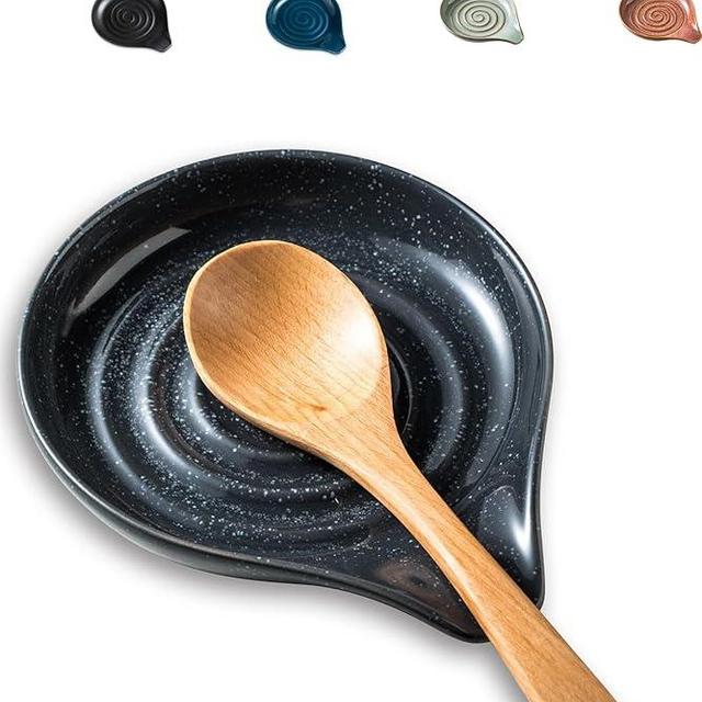 Spoon Rest for Stove Top, Ceramic Spoon Holder 5" Kitchen Spatula Rest for Countertop Large Holder for Ladle, Spatula, Spoons or Tongs, Framhouse Decor, Speckled Black