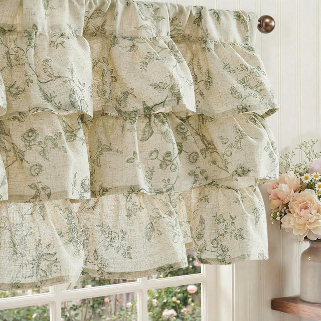 jinchan Amlie Ruffled Floral Valance Curtain Shabby Chic Linen Kitchen Valance Farmhouse Cottagecore Window Treatment for Bedroom Living Room Rod Pocket 1 Panel 18 Inch Green on Linen