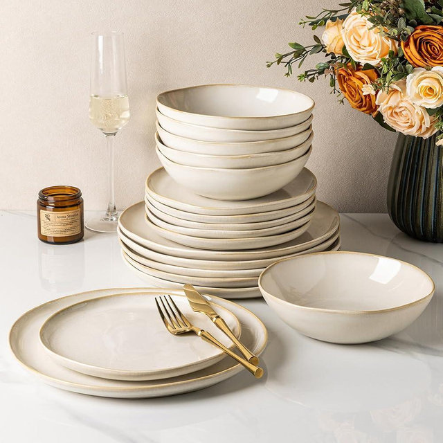 GBHOME Stoneware Dinnerware Sets for 6, 18 Pieces Rustic Earthenware Plates and Bowls Set, Handmade Reactive Glaze Ceramic Plate Sets, Chip Resistant Dishes, Microwave & Dishwasher Safe, Vanilla Cream