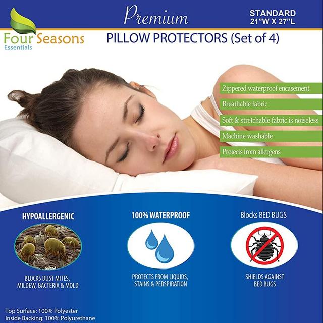Four Seasons Essentials Standard Pillow Protectors (Set of 4) – Allergy Pillow Cover Waterproof Hypoallergenic Dust Allergen Proof Zippered Encasement