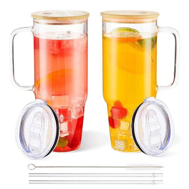 BGRAING 2 Pack Glass Cups with Lids and Straws Large 40 oz Glass Tumbler with Handle Clear Reusable Iced Coffee Cups, with Bamboo Lid & Plastic Lid, BPA Free, Wide Mouth for Hot/Cold Drinks