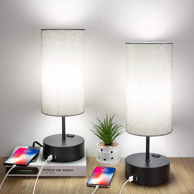 Touch Control Table Lamp, Set of 2 Bedside Desk Lamps with 2 USB Ports & AC Outlet, 3 Way Dimmable Nightstand Lamp for Bedroom Living Room Office, Grey Fabric Shade, 60W 4000K LED Bulbs Included