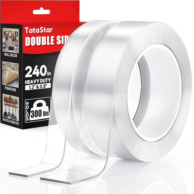 2 Rolls Double Sided Tape Heavy Duty - 240" x 1.2" & 0.8" - Removable Nano Tape for Poster Carpet Picture Hanging Strip Rug Wall Outdoor - Clear & Strong Adhesive Multipurpose Mounting Tape - 20 Feet