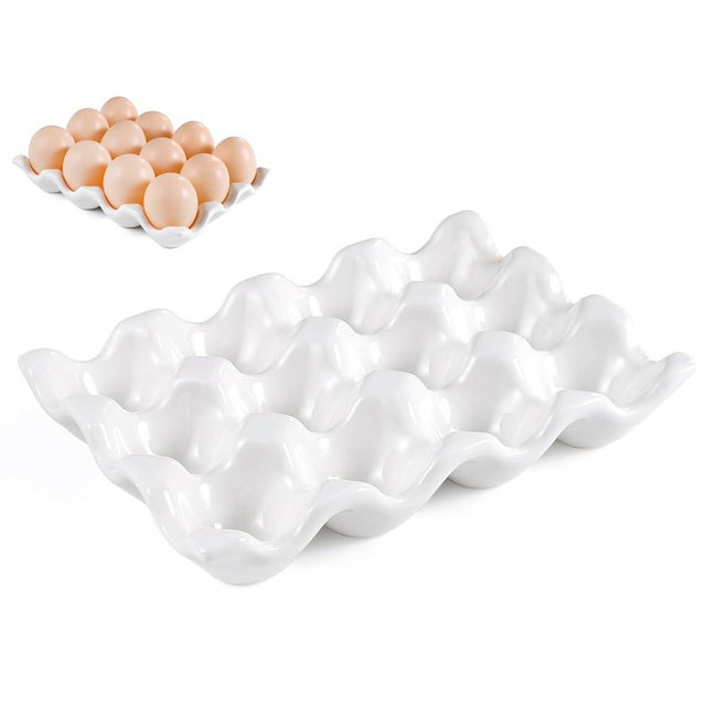 Ceramic 12 Cups Egg Tray - 1 Dozen Porcelain Egg Holder Container Keeper Storage Organizer Decorative Serving Dish Plate for Refrigerator Fridge Countertop Display Kitchen Home (White 12 Eggs)