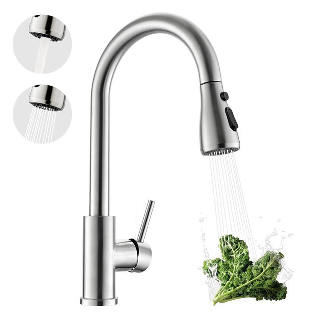 Kicimpro Kitchen Faucet with Pull Down Sprayer, Zero Leakage 3 Hole Brushed Nickel RV Kitchen Sink Faucet with Water Line, NSF Certified Lead-Free 304 Stainless Steel Pull Down Kitchen Faucet Seats