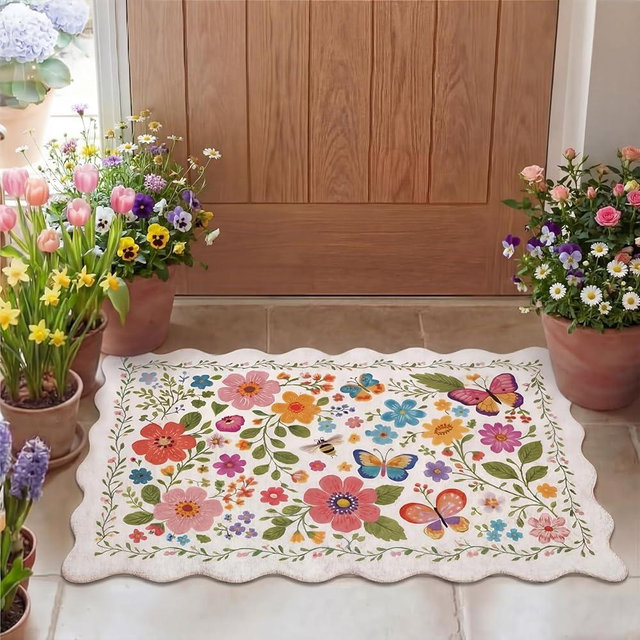 Tinideya Spring Floral Scalloped Doormat Colorful Flower Butterfly Welcome Door Mat 27.6 x 15.7 Inch Artificial Coir Non Slip Cute Entrance Rugs for Indoor Outdoor Front Kitchen Bathroom Decor