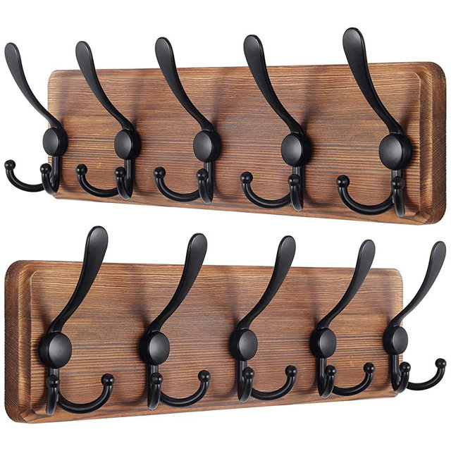 SKOLOO Rustic Wall Mounted Coat Rack: 16'' Hole to Hole, Pine Real Wood Plank Wall Coat Rack with 5 Triple Hooks, Farmhouse Coat Hanger Wall Mount for Hanging Backpack Jacket Coat Hat,Pack of 2