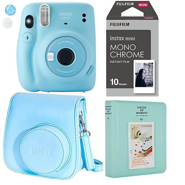 Fujifilm Instax Mini 11 Ice Blue Instant Camera Plus Original Fuji Case, Photo Album and Fujifilm Character 10 Films (Monochrome)
