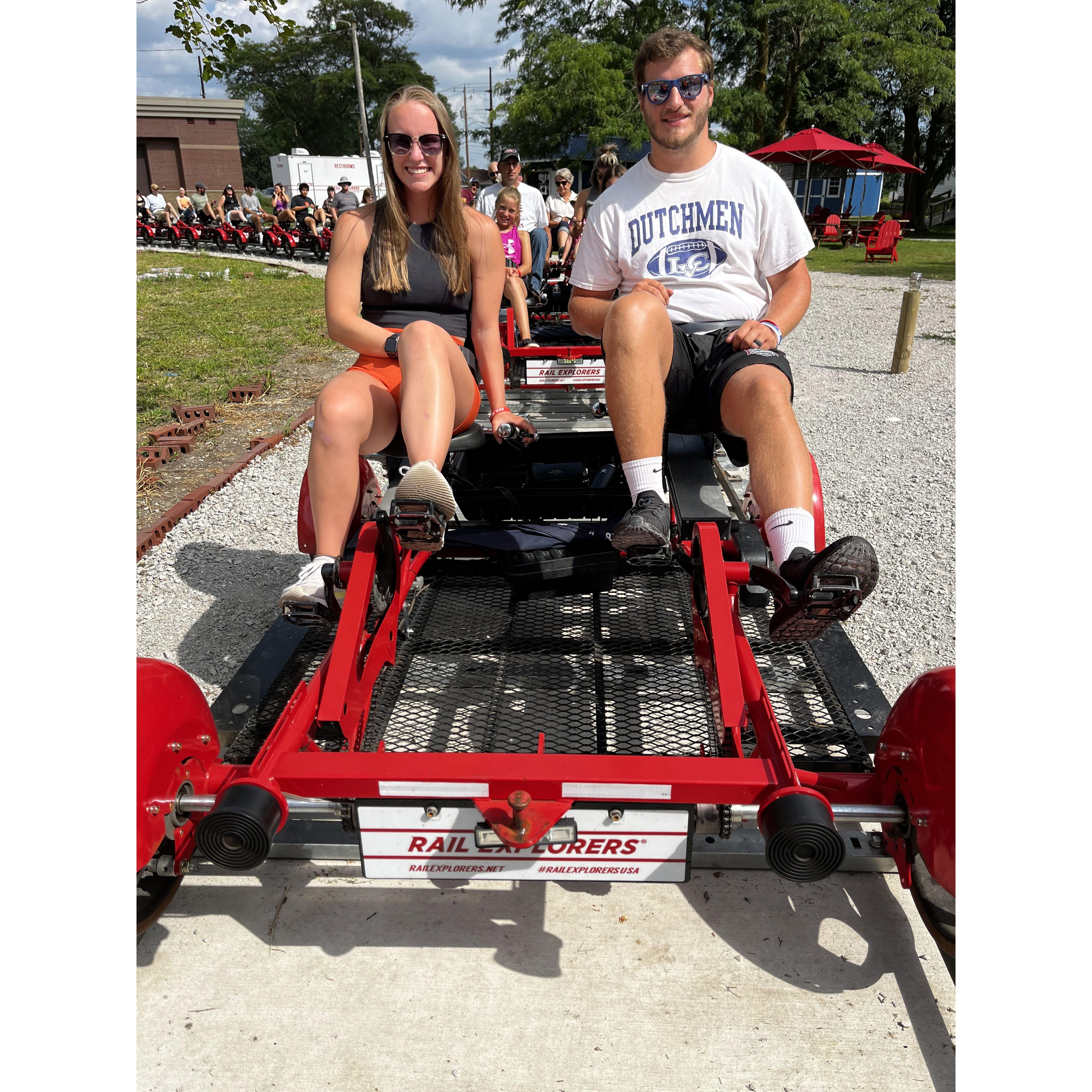 Many dates throughout our first summer engaged! This was one of our favorites where we peddled on the railroad tracks in Iowa.