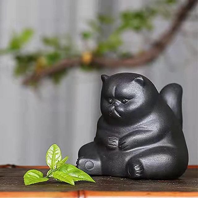 Zisha Tea Pet Angry Unhappy Cat Bat Figurine, Cute Kung Fu Tea Ornament Accessories of Frog Tea Set, Decoration for Tea Table Desk Tearoom, Great Gift for Tea Lover Friend (1.Cat Black)