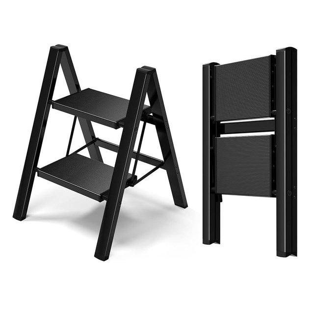 HillhutApex 2 Step Ladder, Lightweight Portable 2 Step Stool with Anti-Slip Wide Pedal, 330lbs Capacity Aluminum Ladder for Household,Office,Library(Black)