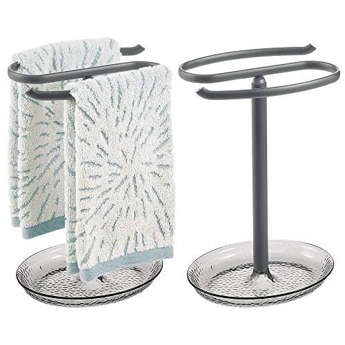 mDesign Decorative Metal Fingertip Towel Holder Stand with Base Tray for Bathroom Vanity Countertops to Display and Store Small Guest Towels or Washcloths - 2 Pack - Gray/Charcoal