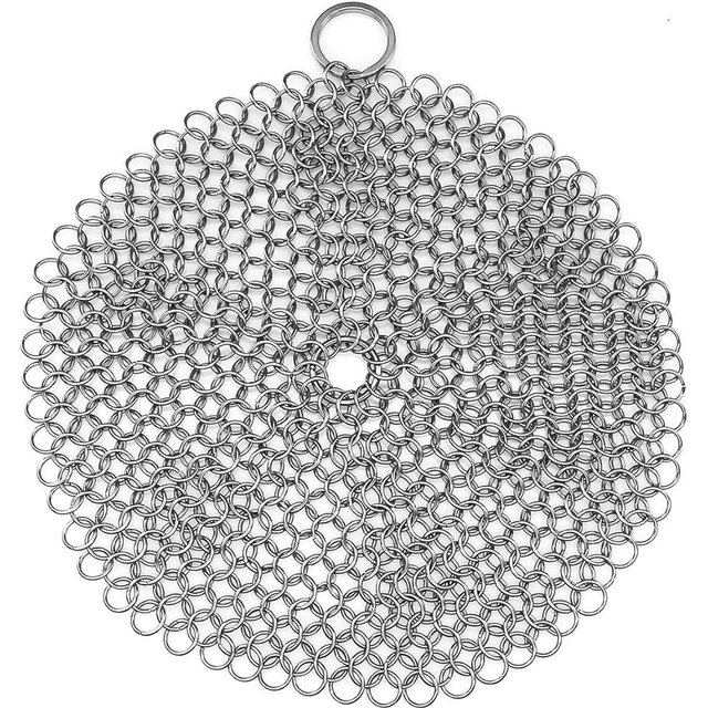 TOPULORS 316 Stainless Steel Cast Iron Skillet Cleaner Scraper Chain Link Chainmail Scrubber for Cast Iron Pans, Pre-Seasoned Pans, Griddle Pans, BBQ Grills, and More Pot Cookware-Round 7 in Diameter