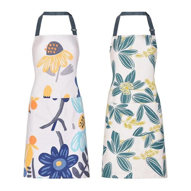 ARBINSON 2 Pack Floral Apron for Women with Pockets, Adjustable Cotton Chef Aprons for Kitchen, Cooking, BBQ & Grill