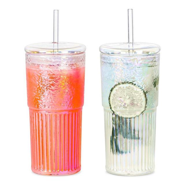 Cosnou High Borosilicate Glass Cups With Lids and Glass Straws，20 OZ Rainbow Iced Coffee Water Tumbler Smoothie