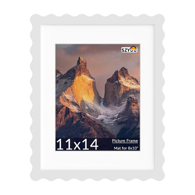 SZYUU 11x14 Wavy Picture Frame with Mat for 8x10, Real Glass and Wooden​ Frame - Tabletop or Wall Hanging Photo Frame(1 Pack, White)