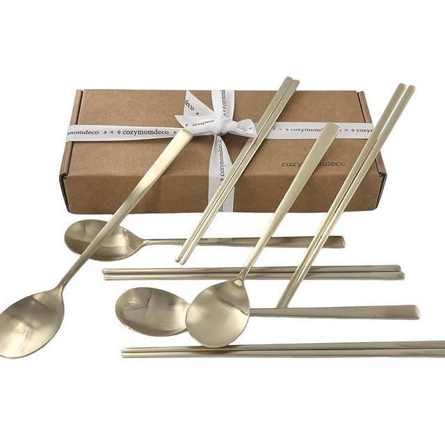 Korean Made Traditional Utensil Chopstick Set Flatware Champagne Gold Stainless Steel Spoon & Chopsticks Comfortable Grip Stocking Stuffer