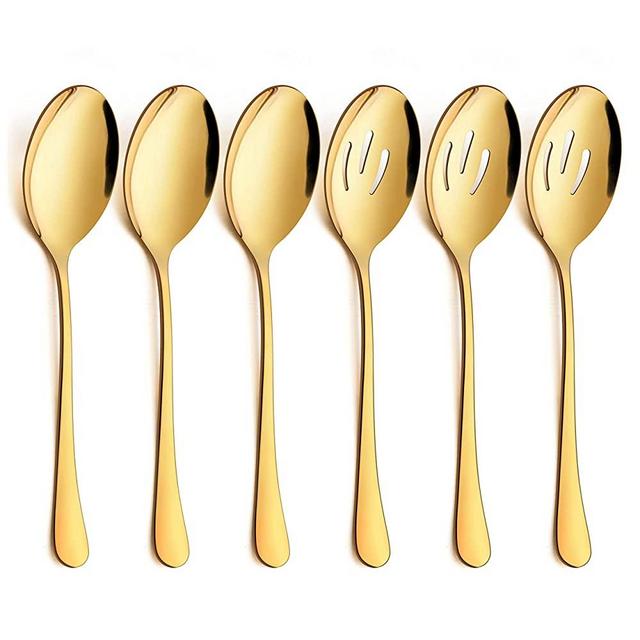 LIANYU 6-Piece Gold Serving Spoons, Gold Slotted Serving Spoons, Stainless Steel Serving Utensils for Party Buffet Restaurant Banquet Dinner Catering, 8 3/4 Inch, Dishwasher Safe