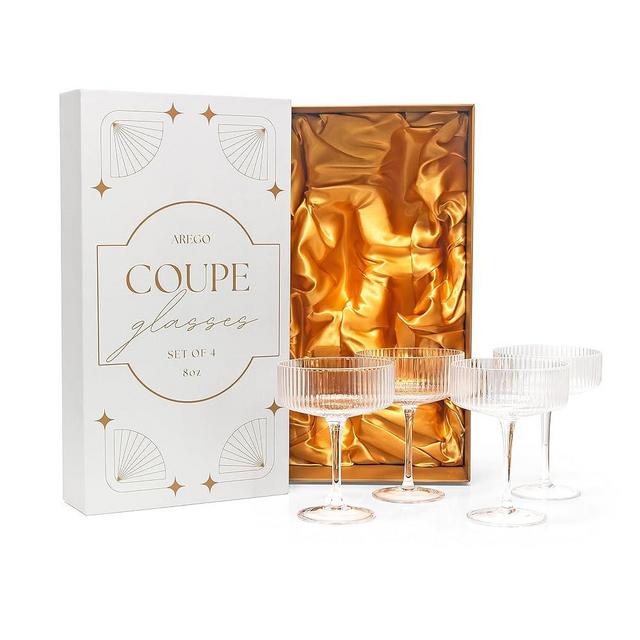 arego Art Deco Vintage Ribbed Coupe Glasses | Set Of 4 | 8 oz Cocktail Vintage Glasses For Champagne, Margaritas, Martinis, Cosmopolitans | Gift Box |