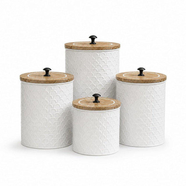 MODE HOME White Metal Kitchen Canister Set of 4 with Wooden Lids, Embossed Fish Scale Storage Containers for Coffee, Tea, Candy & Pet Treats, Farmhouse Decorative Food Jars