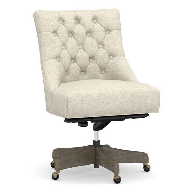 Hayes Upholstered Tufted Swivel Desk Chair with Gray Wash Frame, Basketweave Slub Oatmeal