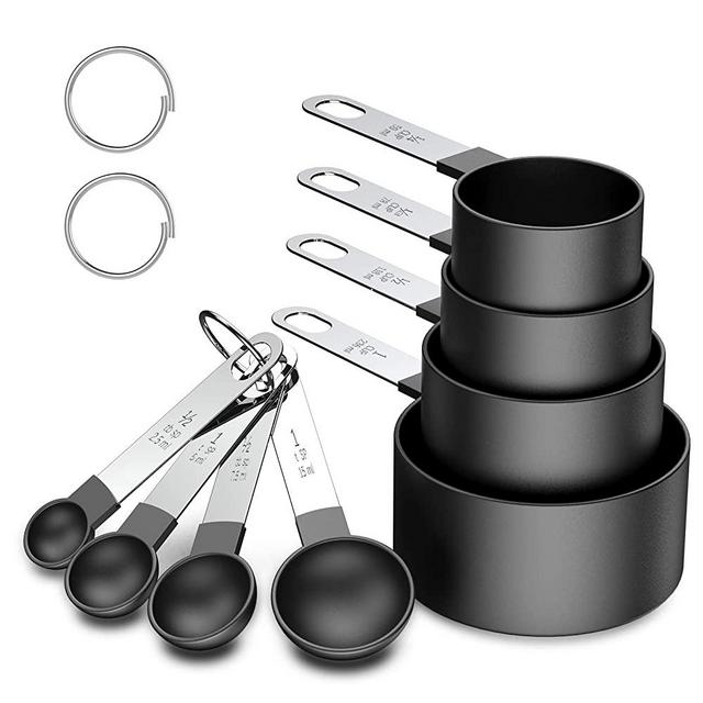 Measuring Cups and Spoons Set, 8 Piece Stackable Stainless Steel Handle Accurate Tablespoon for Measuring Dry and Liquid Ingredients Small Teaspoon with Plastic Head (8, Black)