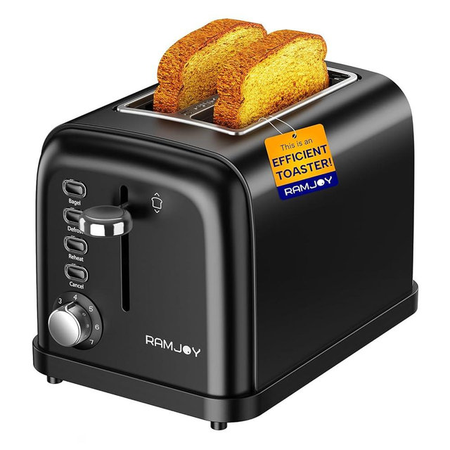 RAMJOY Toaster 2 Slice, Extra-Wide Slot Toasters for Bagels, Bread, Waffles, 7 Shade Settings, 4 Main Functions, Removable Crumb Tray, 900 Watts, Black